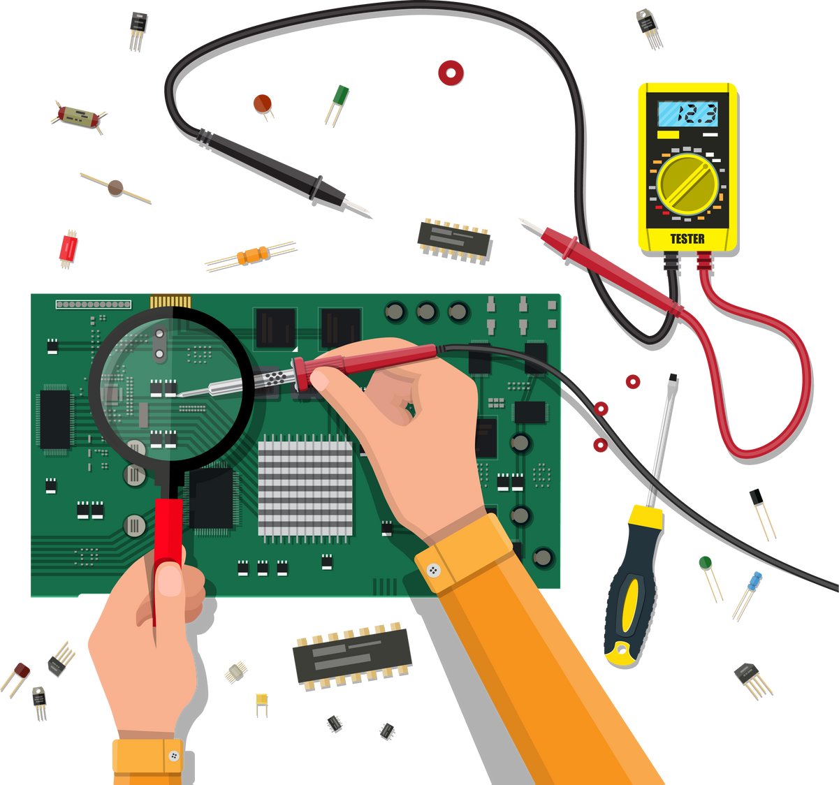 Engineer with Multimeter Checks Motherboard